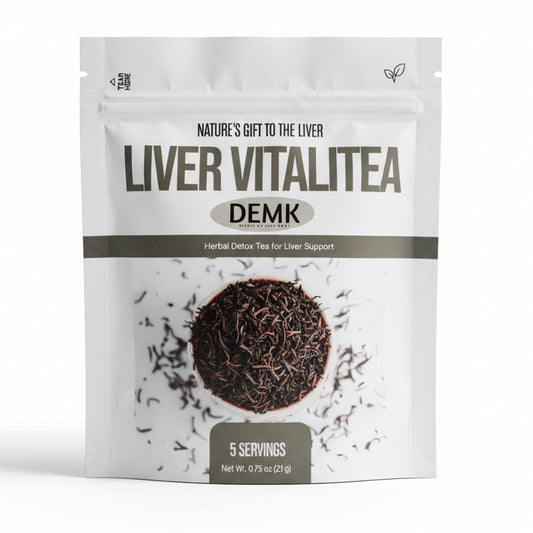 Herbal tea pouch with DEMK Liver Vitalitea label and dark tea-leaf image