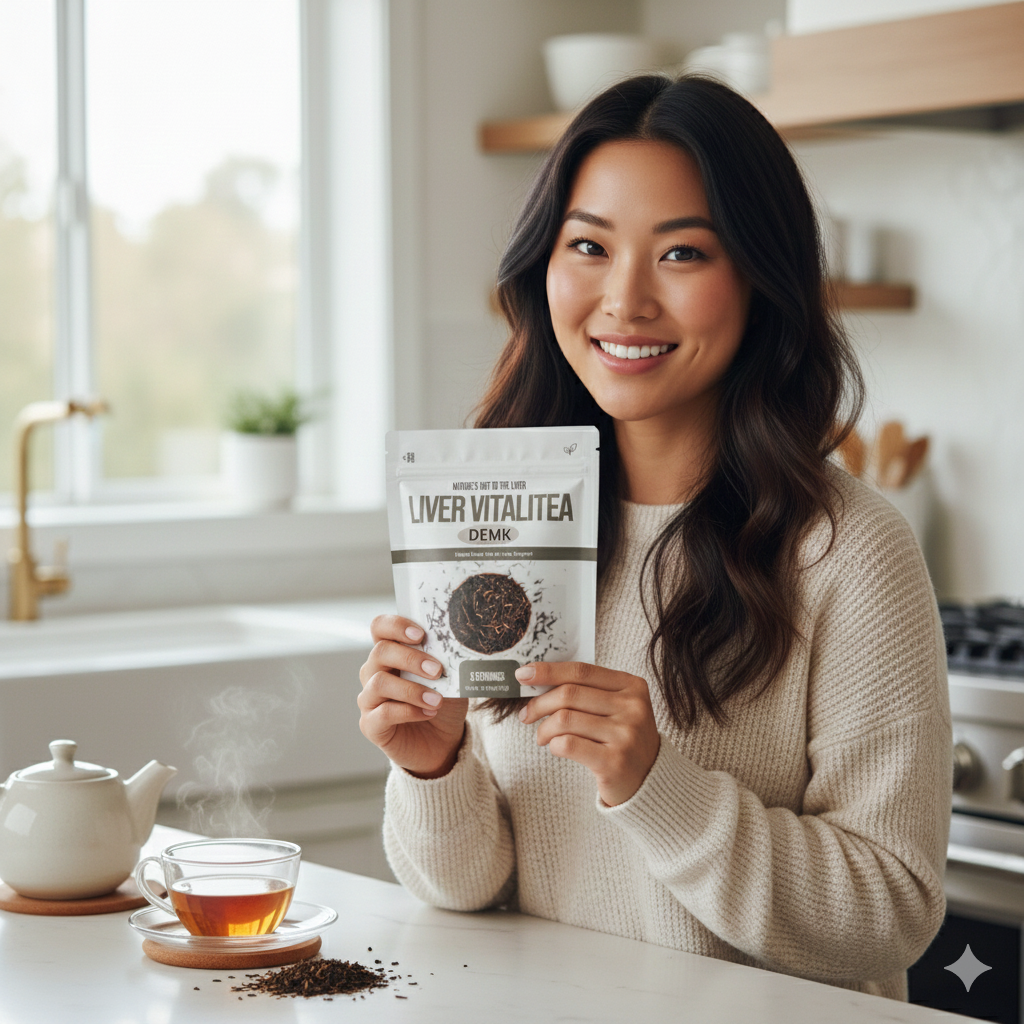 Woman holding DEMK By Lily Hart Liver VitaliTea herbal tea pouch with a brewed cup.