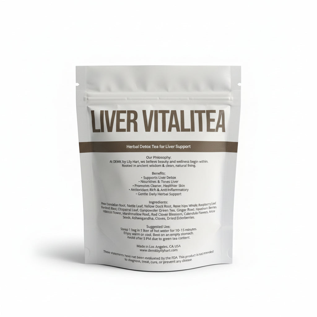 DEMK By Lily Hart Liver VitaliTea pouch back — herbal tea ingredient label with dandelion, burdock, and nettle.