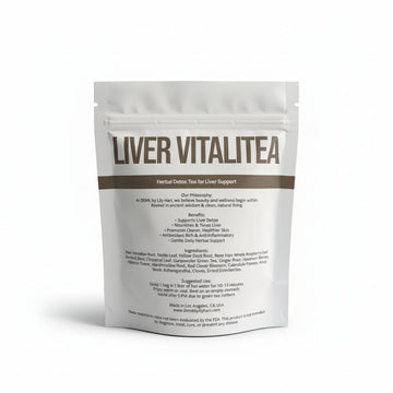 DEMK By Lily Hart Liver VitaliTea pouch back — herbal tea ingredient label with dandelion, burdock, and nettle.